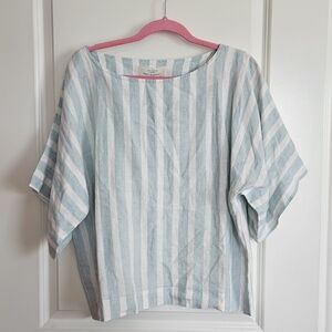 Trovata Birds Of Paradise Blue White Stiped Linen Pop Over Blouse Size Medium